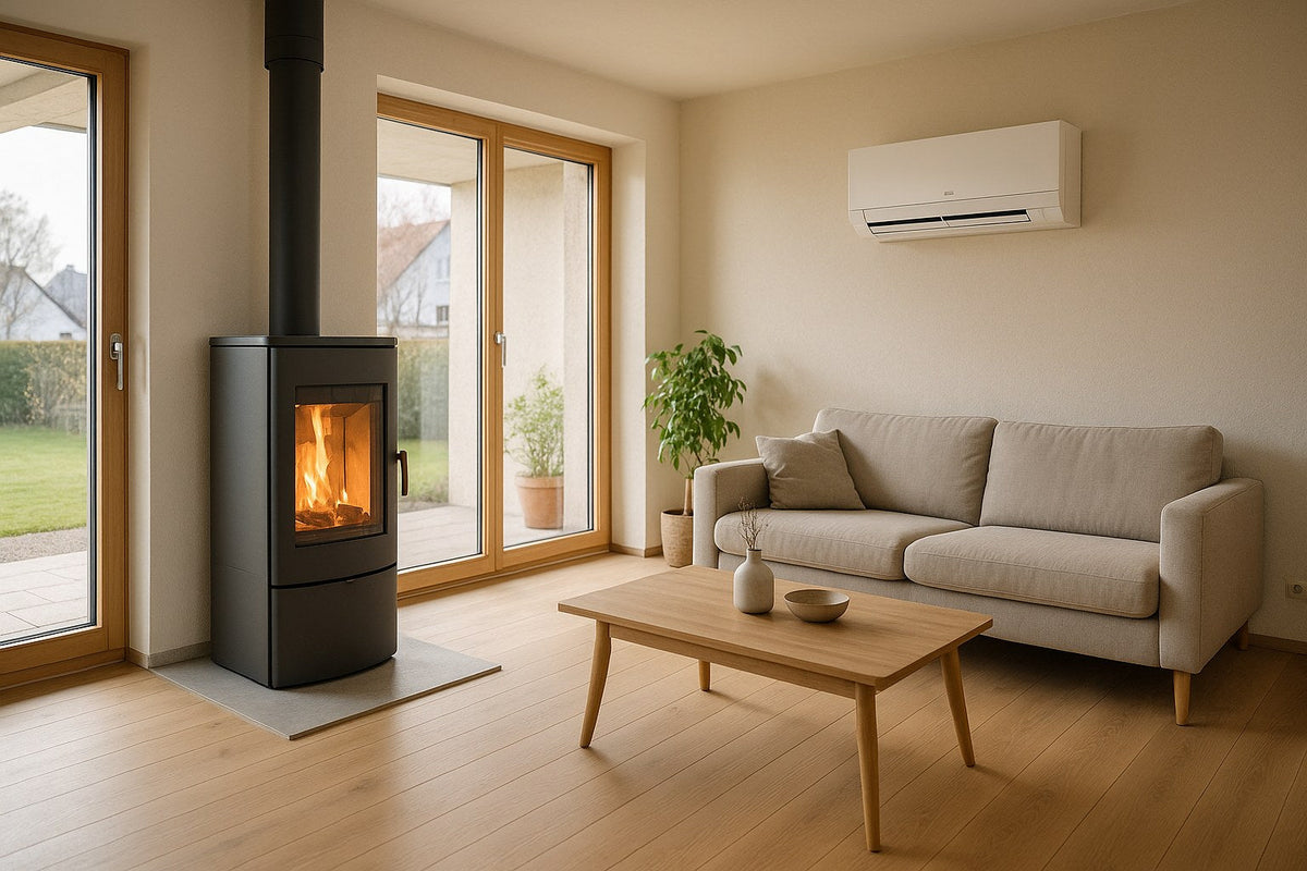 Kaminofen und Wärmepumpe in modernem Wohnzimmer – Kombination beider Heizsysteme
