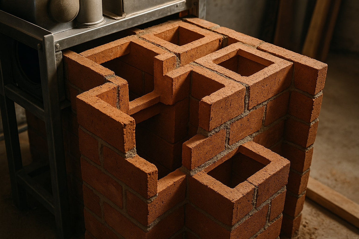 Handwerklich gemauerte keramische Züge aus Schamotte in einem Speicherofen während der Bauphase