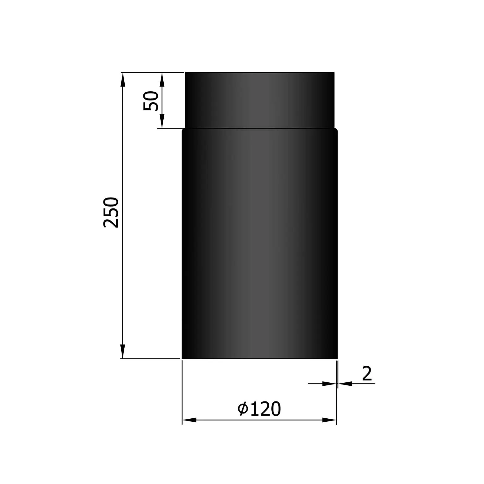 Ofenrohr 250 mm, 2 mm Stahl, schwarz