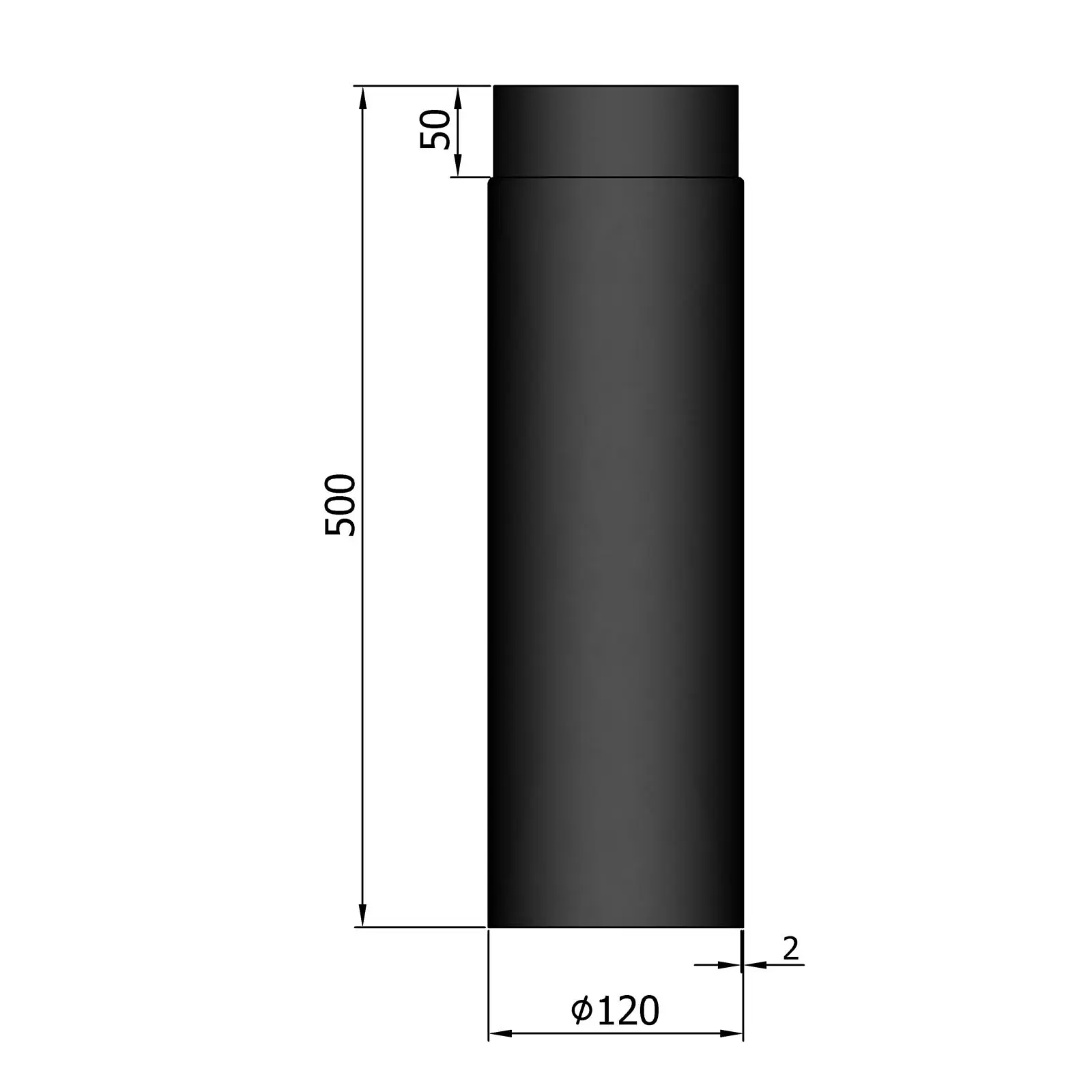 Ofenrohr 500 mm, 2 mm Stahl, schwarz