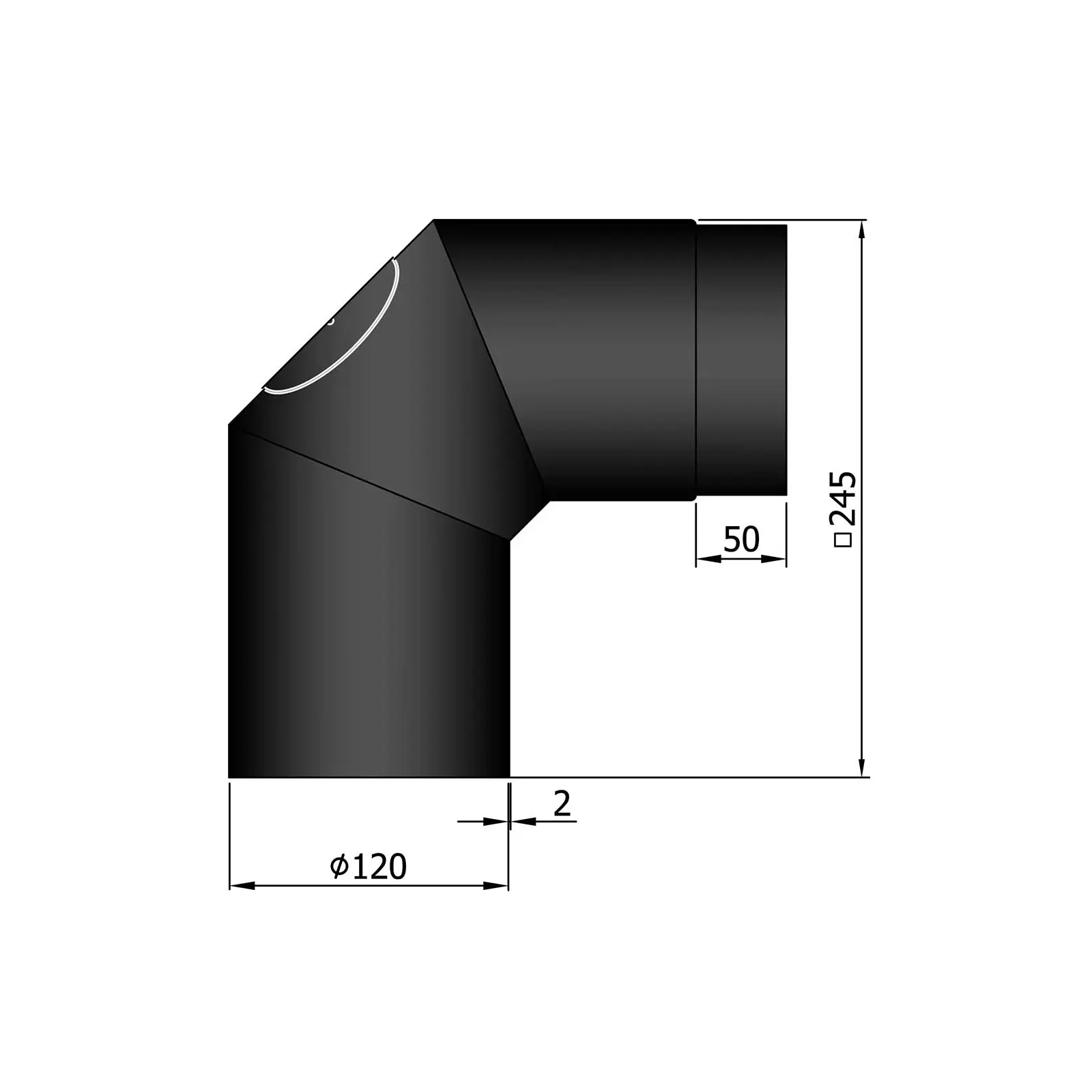 Ofenrohrbogen 90° mit Putztür, 2 mm Stahl, schwarz