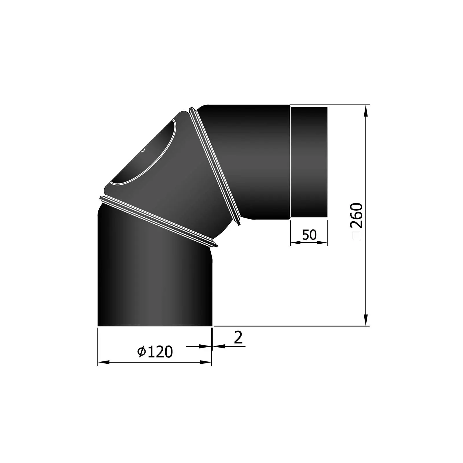 Ofenrohrbogen verstellbar 0-90° mit Putztür, 2 mm Stahl, schwarz