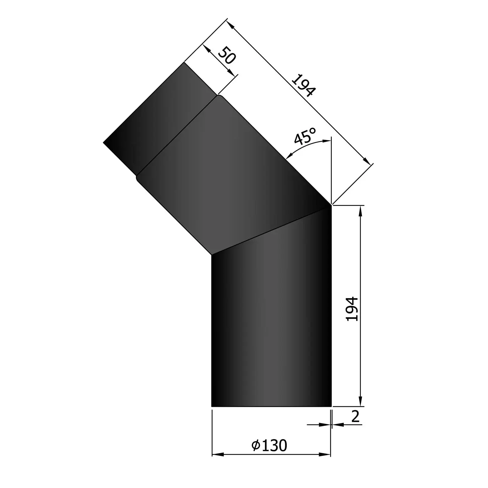 Ofenrohrbogen 45°, 2 mm Stahl, schwarz