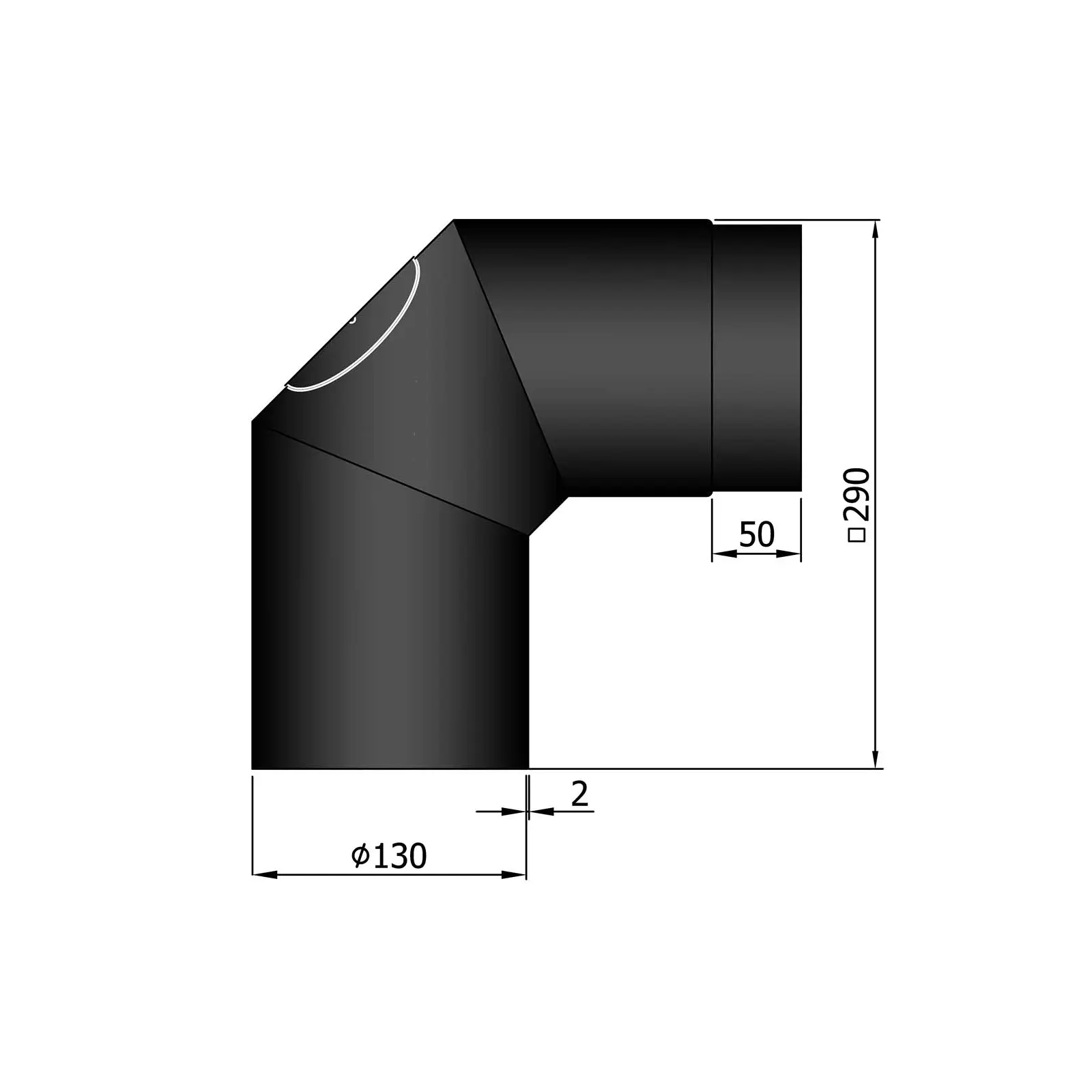 Ofenrohrbogen 90° mit Putztür, 2 mm Stahl, schwarz