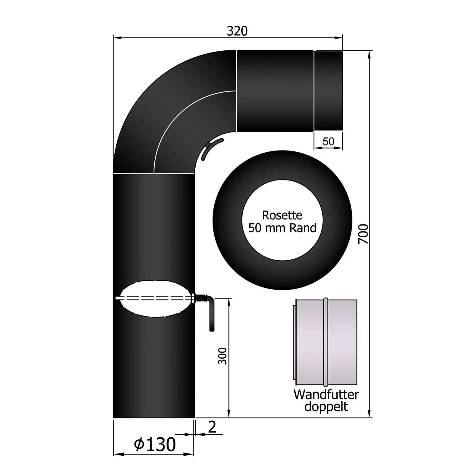 Rauchrohrset Fullform 90° 700 x320 mm mit Drosselklappe + Putztür