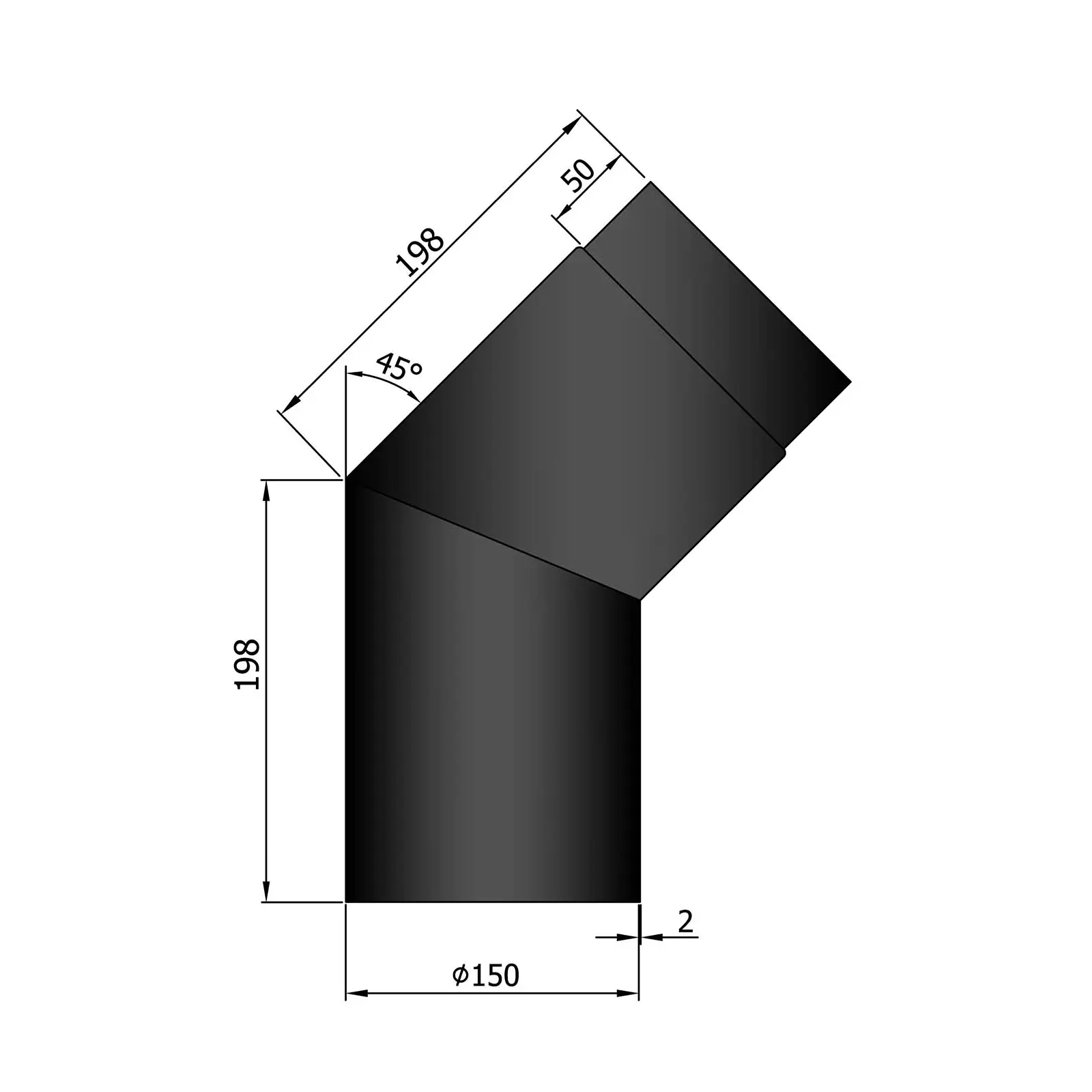 Ofenrohrbogen 45°, 2 mm Stahl, schwarz