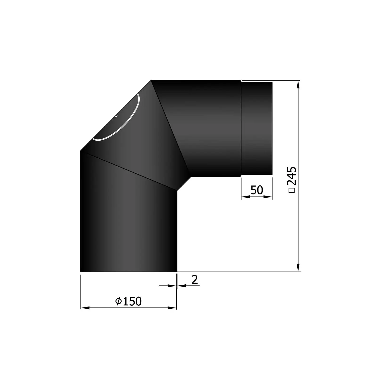 Ofenrohrbogen 90° mit Putztür, 2 mm Stahl, schwarz