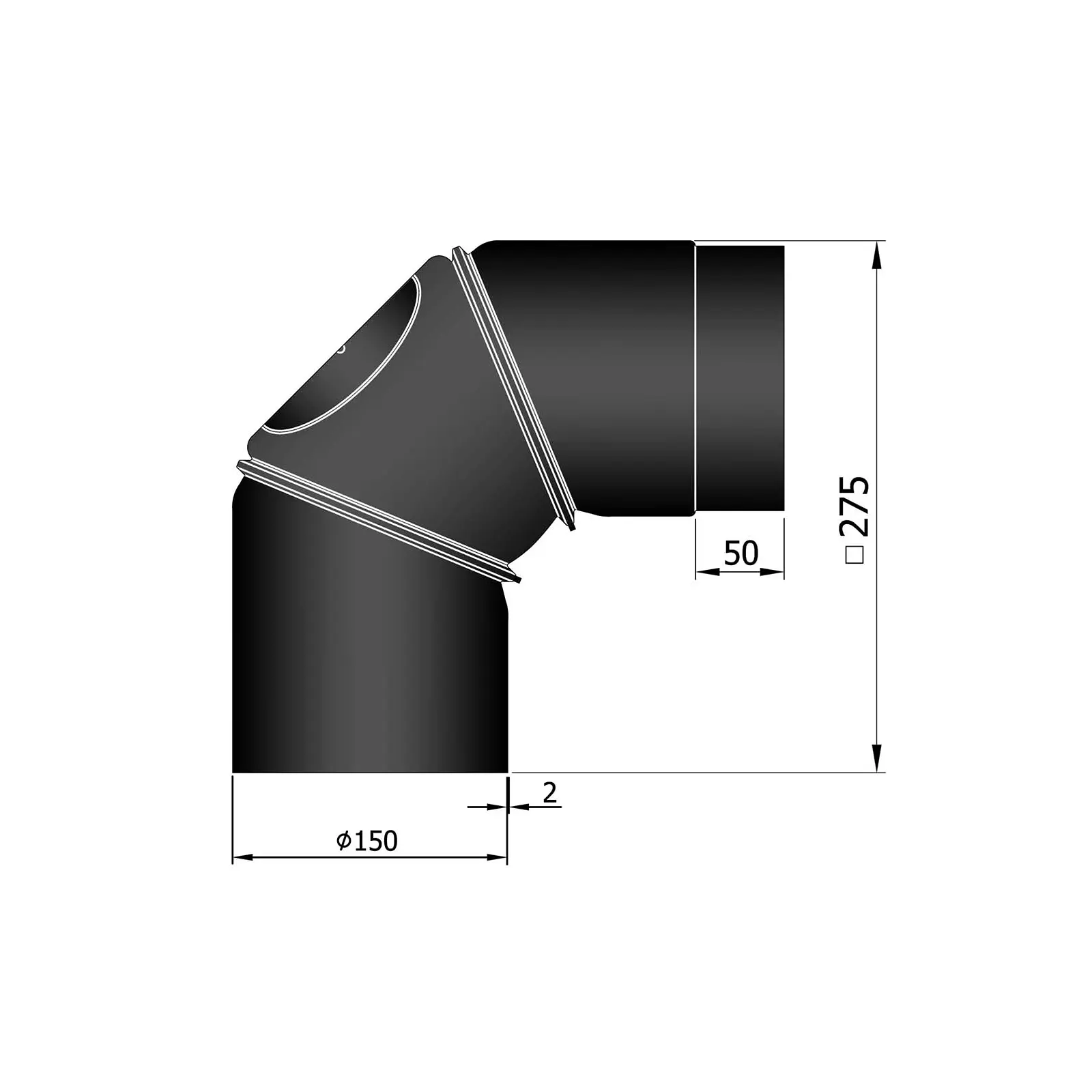 Ofenrohrbogen verstellbar 0-90° mit Putztür, 2 mm Stahl, schwarz