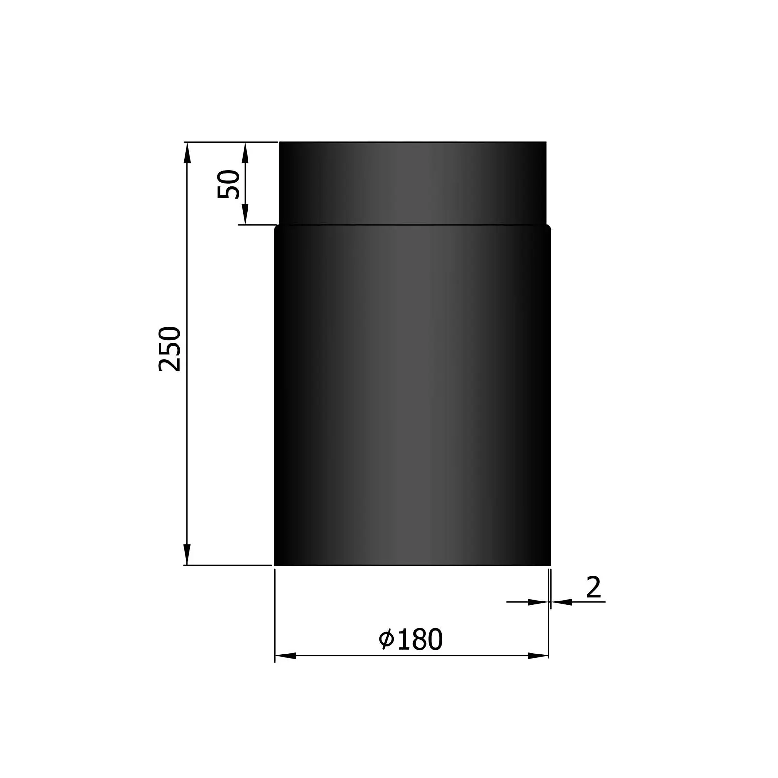 Ofenrohr 250 mm, 2 mm Stahl, schwarz