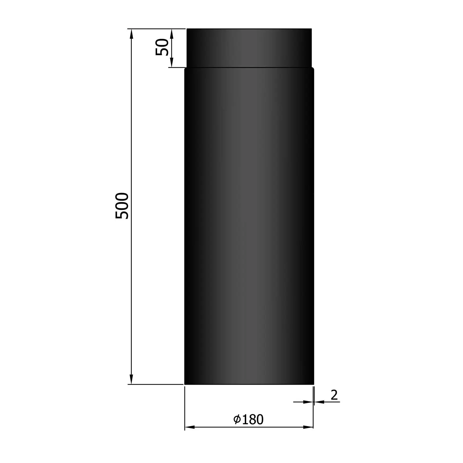 Ofenrohr 500 mm, 2 mm Stahl, schwarz