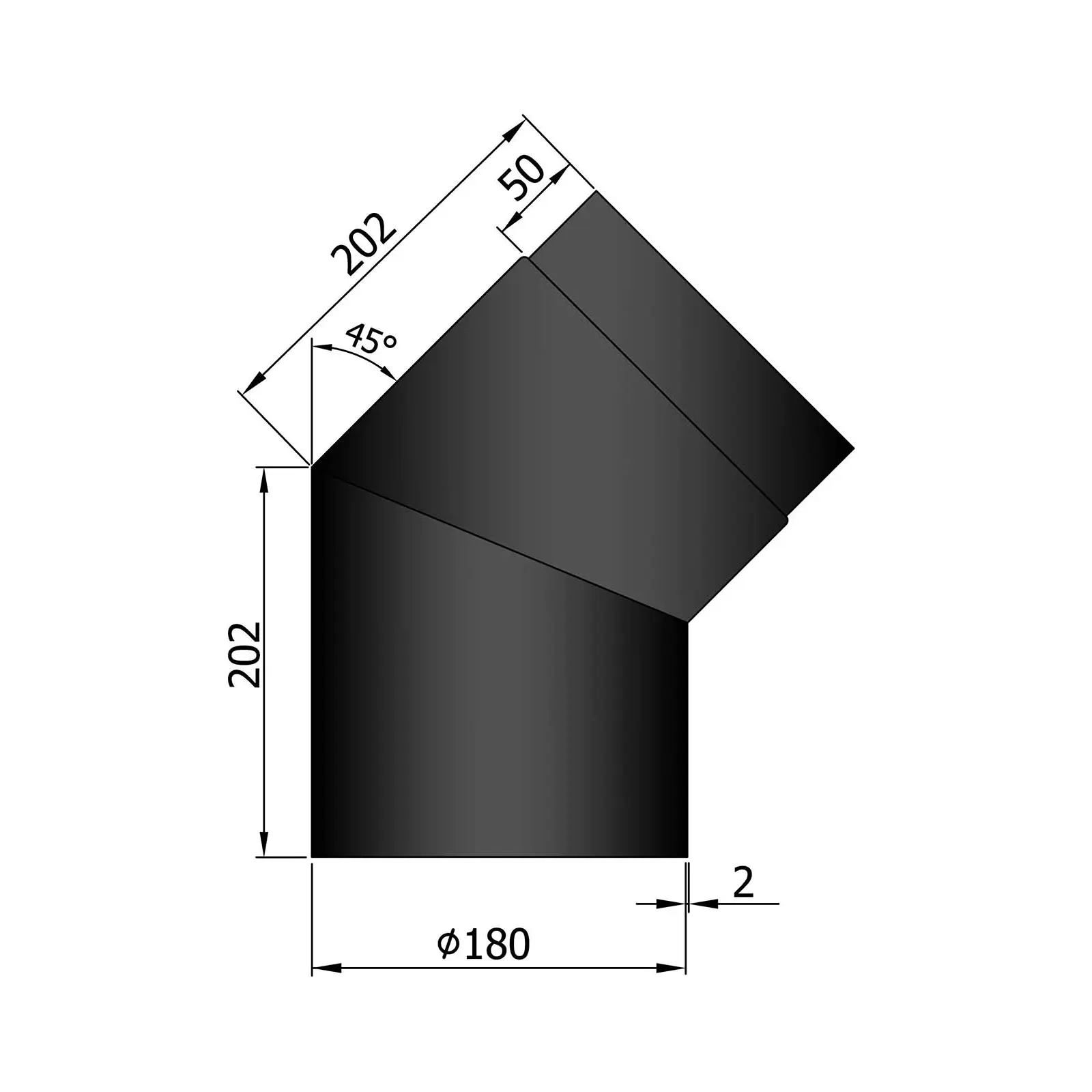 Ofenrohrbogen 45°, 2 mm Stahl, schwarz