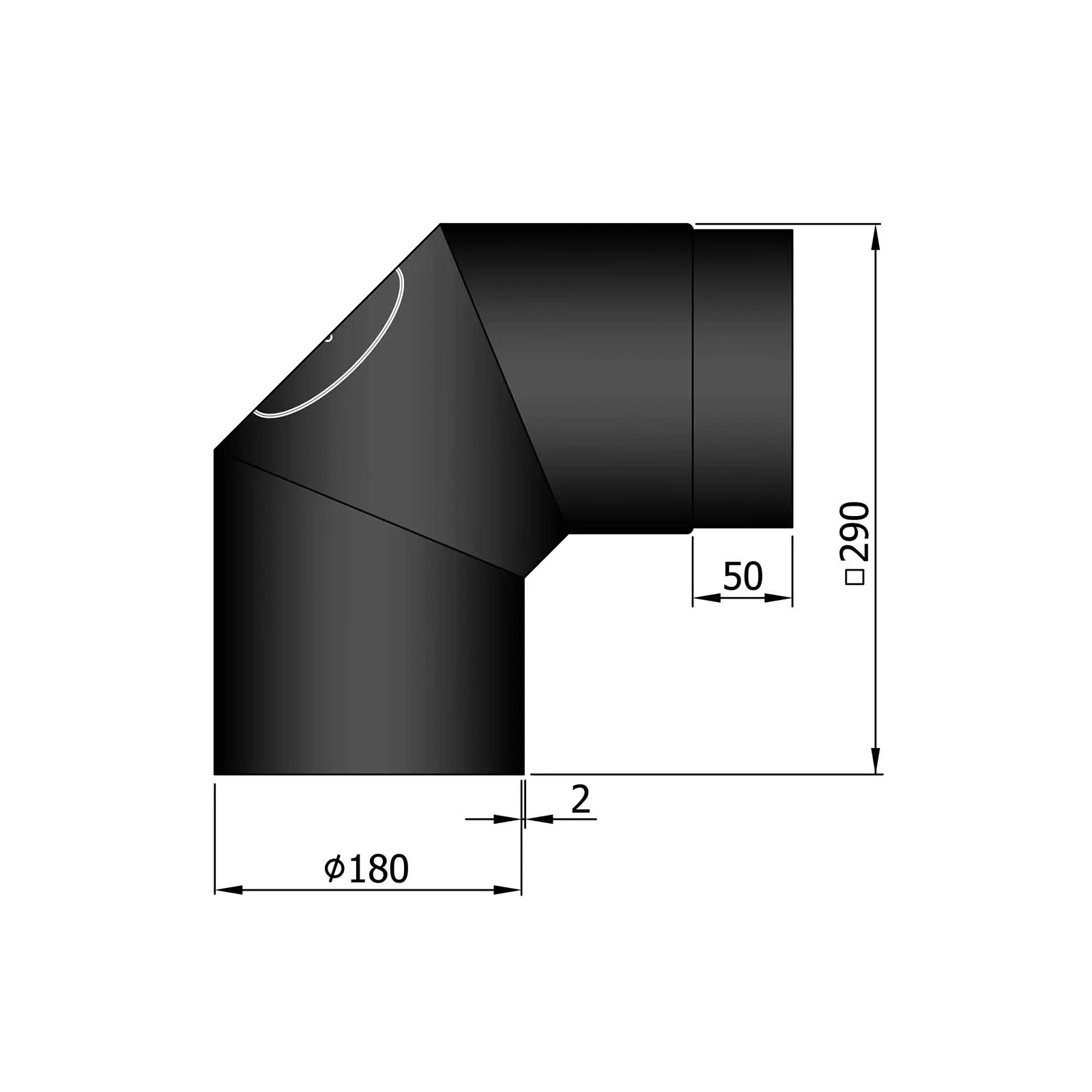 Ofenrohrbogen 90° mit Putztür, 2 mm Stahl, schwarz