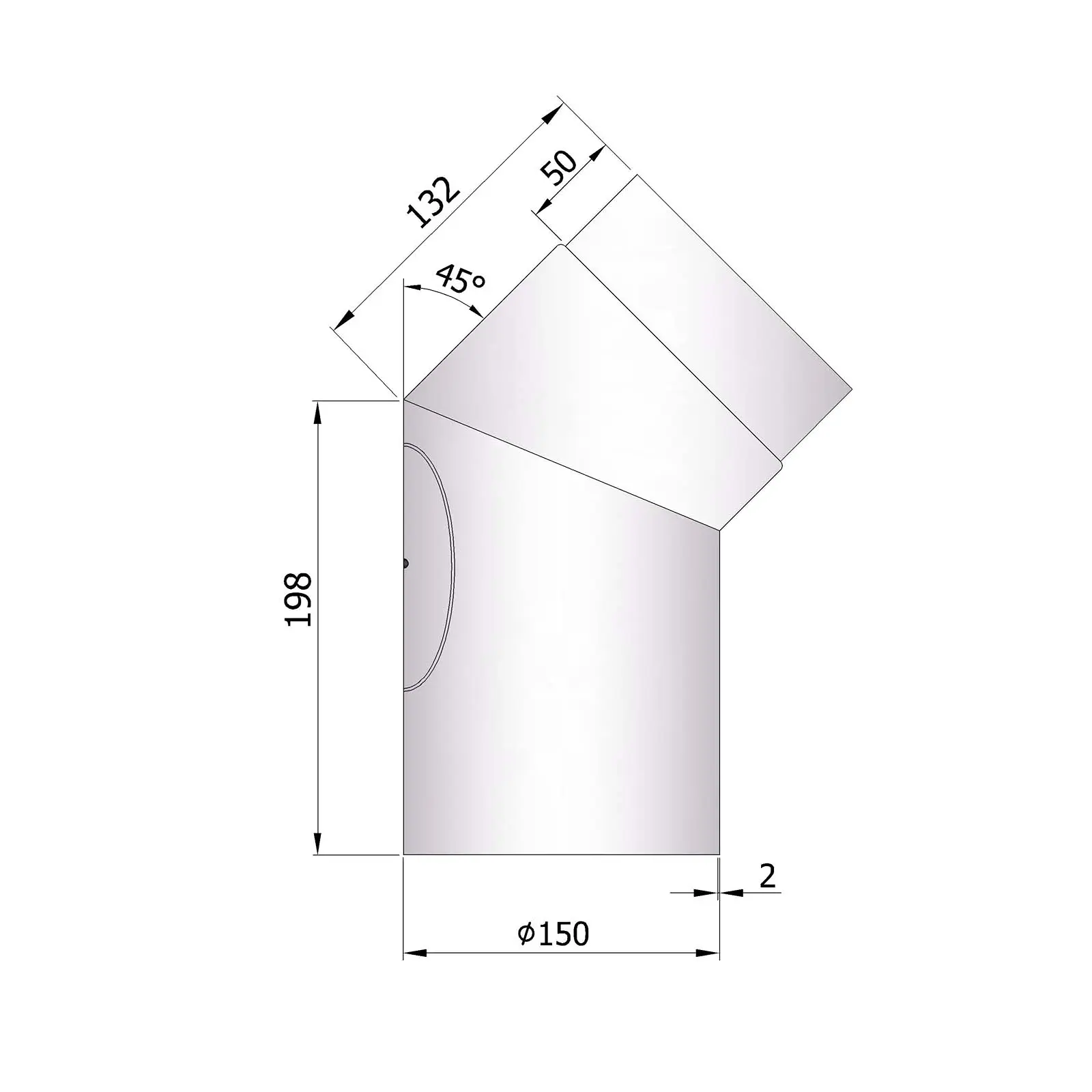 Ofenrohrbogen 45° mit Putztür, 2 mm Stahl, unlackiert