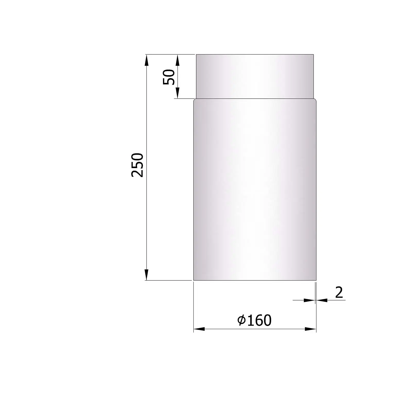 Ofenrohr 250 mm, 2 mm Stahl, unlackiert