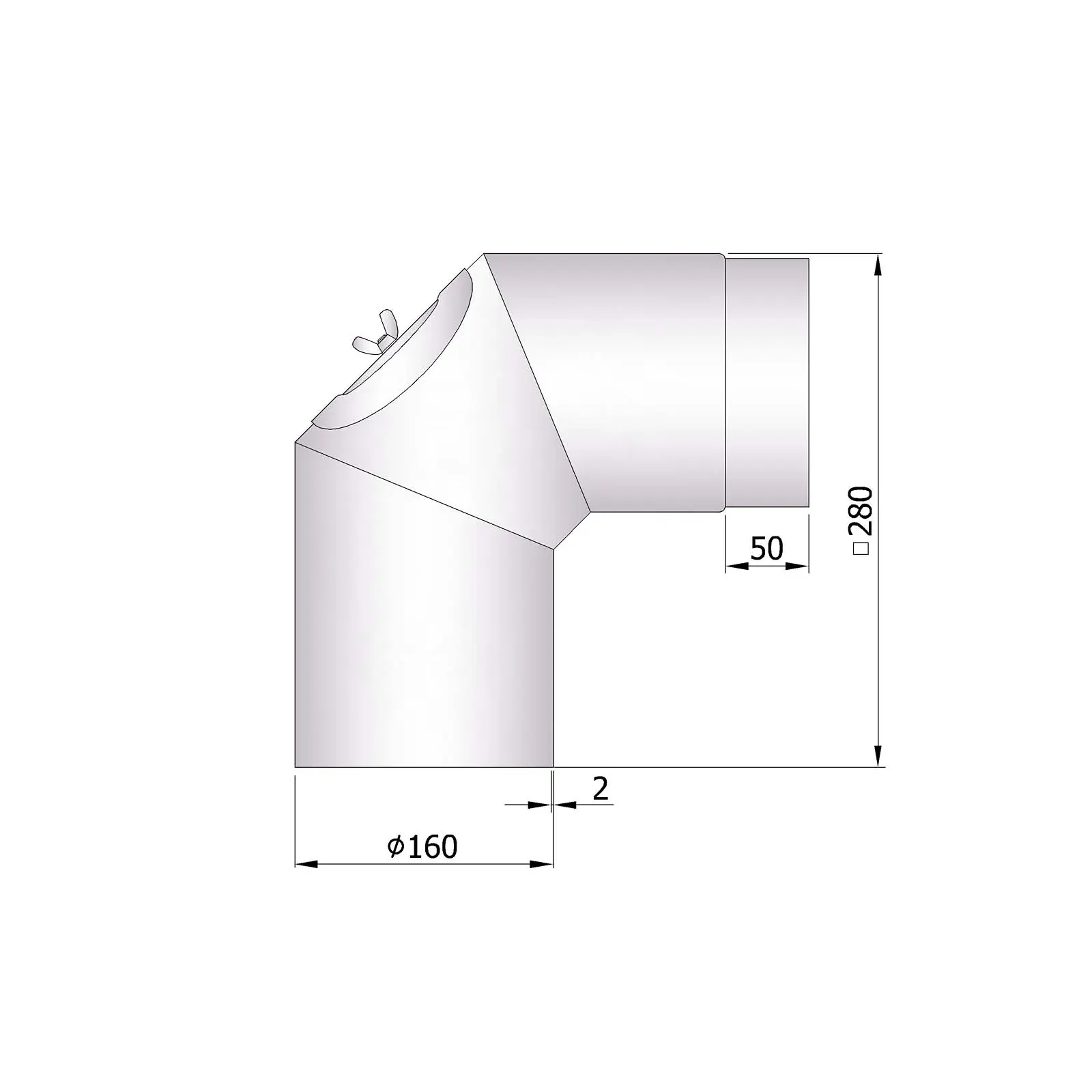 Ofenrohrbogen 2x45° mit Putztür, 2 mm Stahl, unlackiert