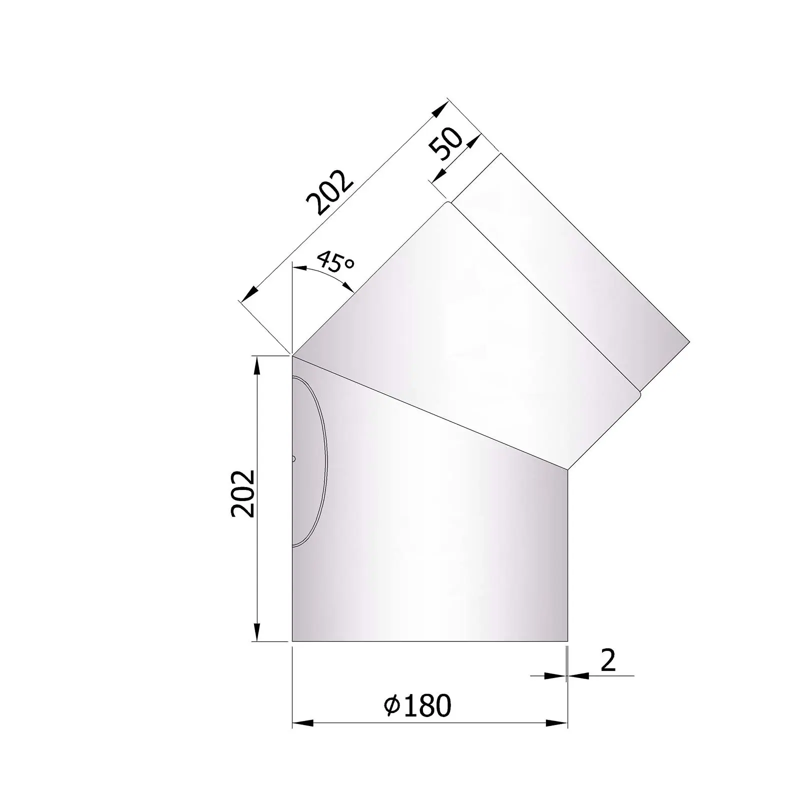 Ofenrohrbogen 45° mit Putztür, 2 mm Stahl, unlackiert