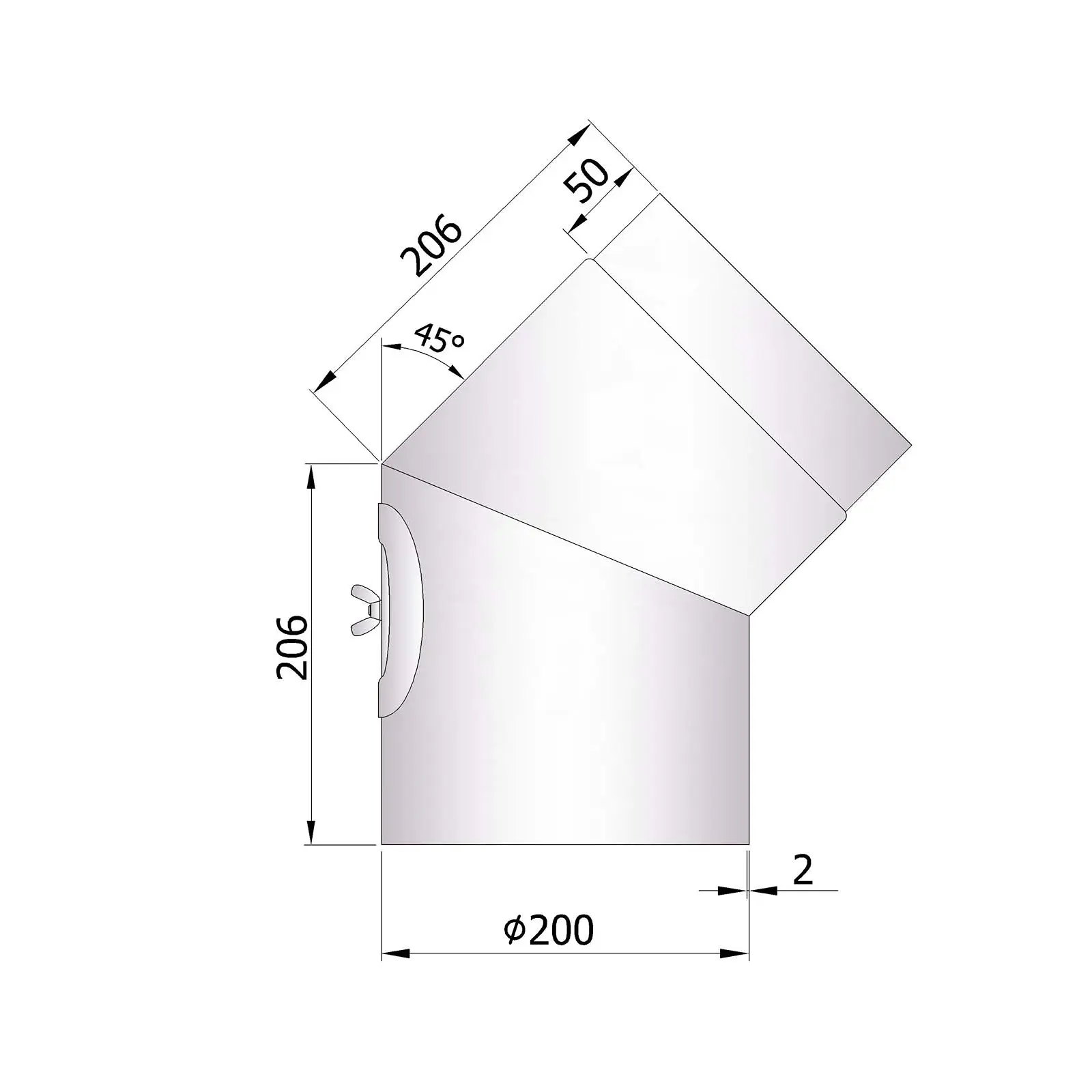 Ofenrohrbogen 45° mit Putztür, 2 mm Stahl, unlackiert