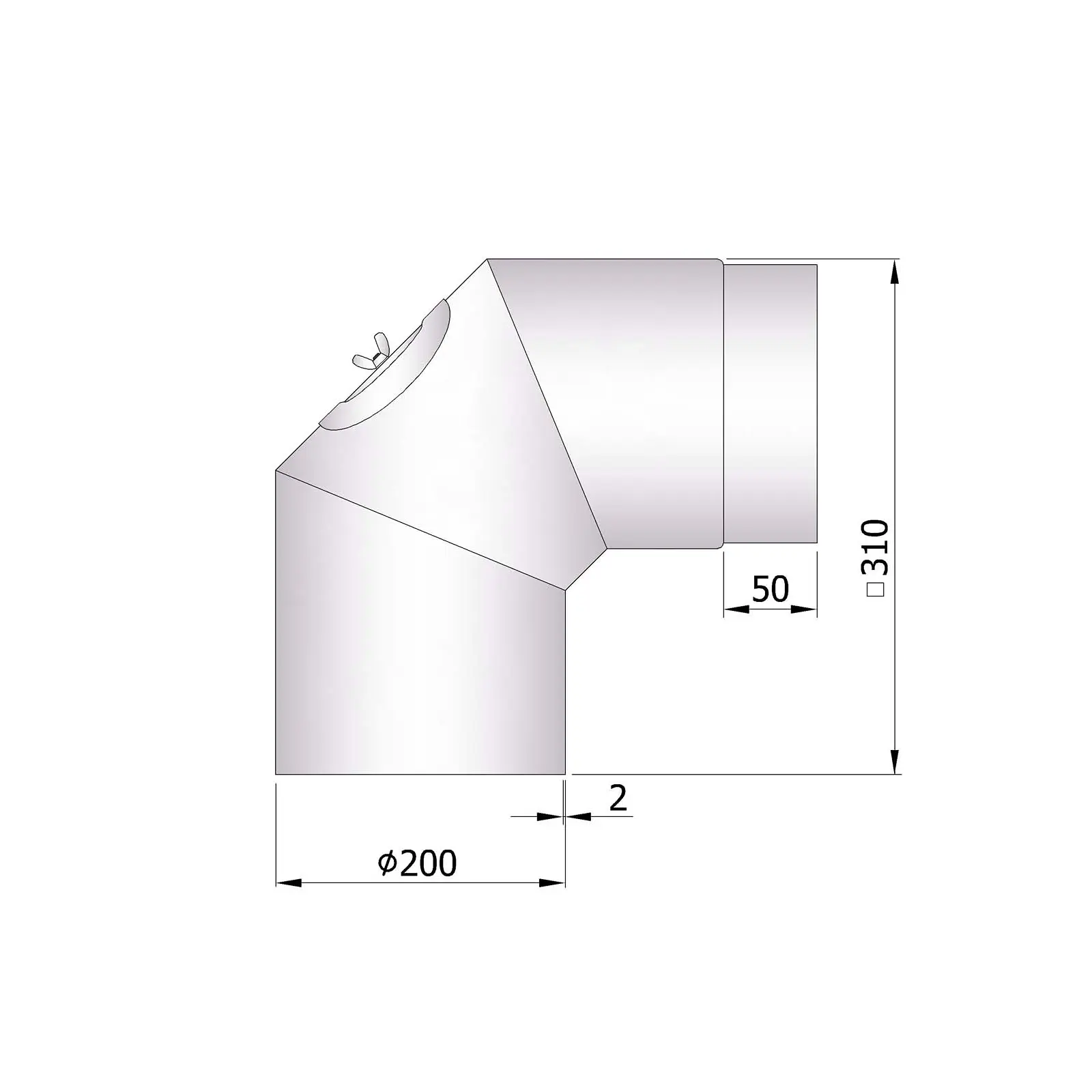 Ofenrohrbogen 2x45° mit Putztür, 2 mm Stahl, unlackiert