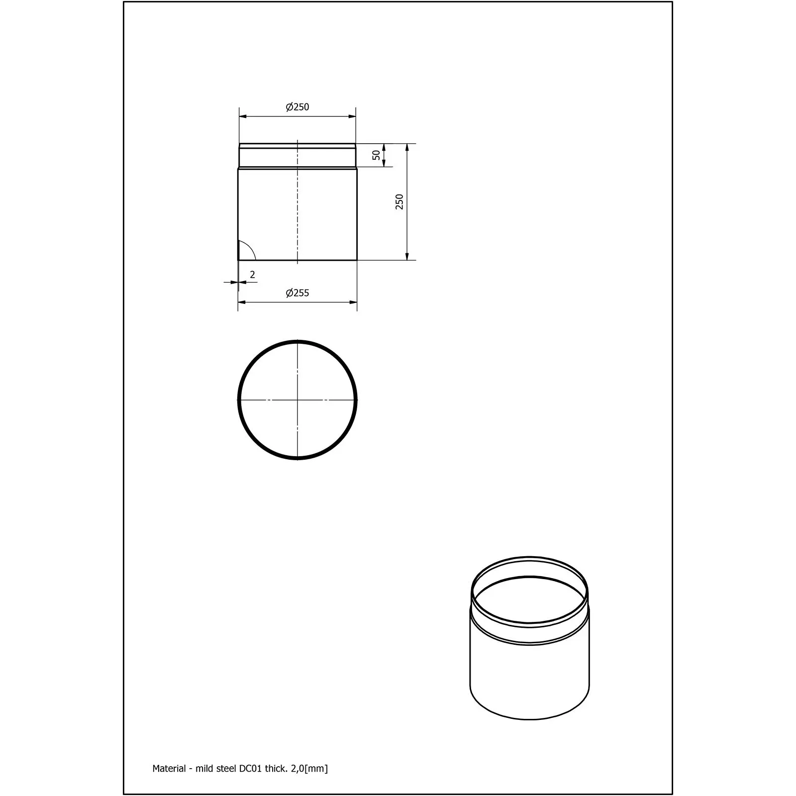 Ofenrohr 500 mm, 2 mm Stahl, unlackiert