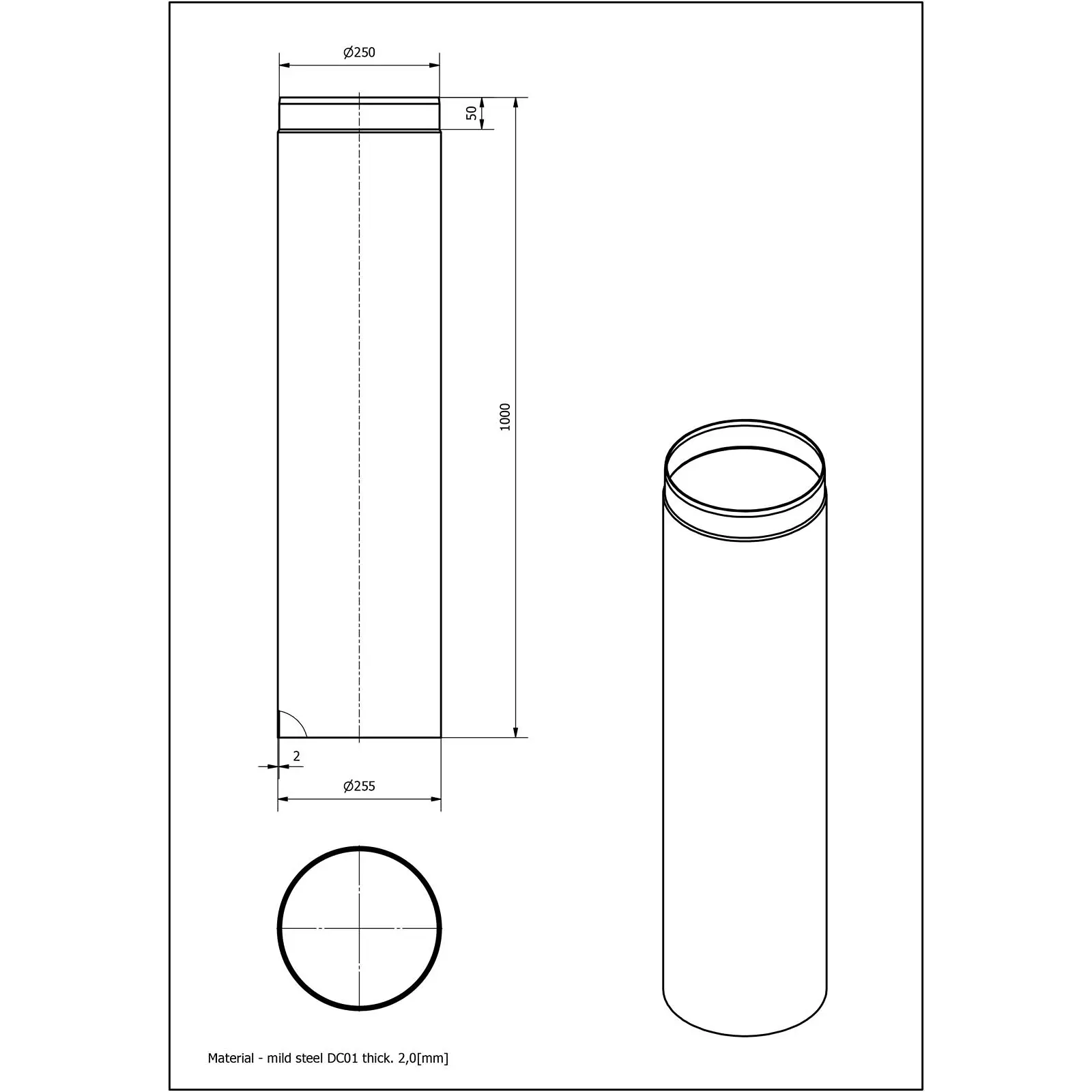 Ofenrohr 1000 mm, 2 mm Stahl, unlackiert